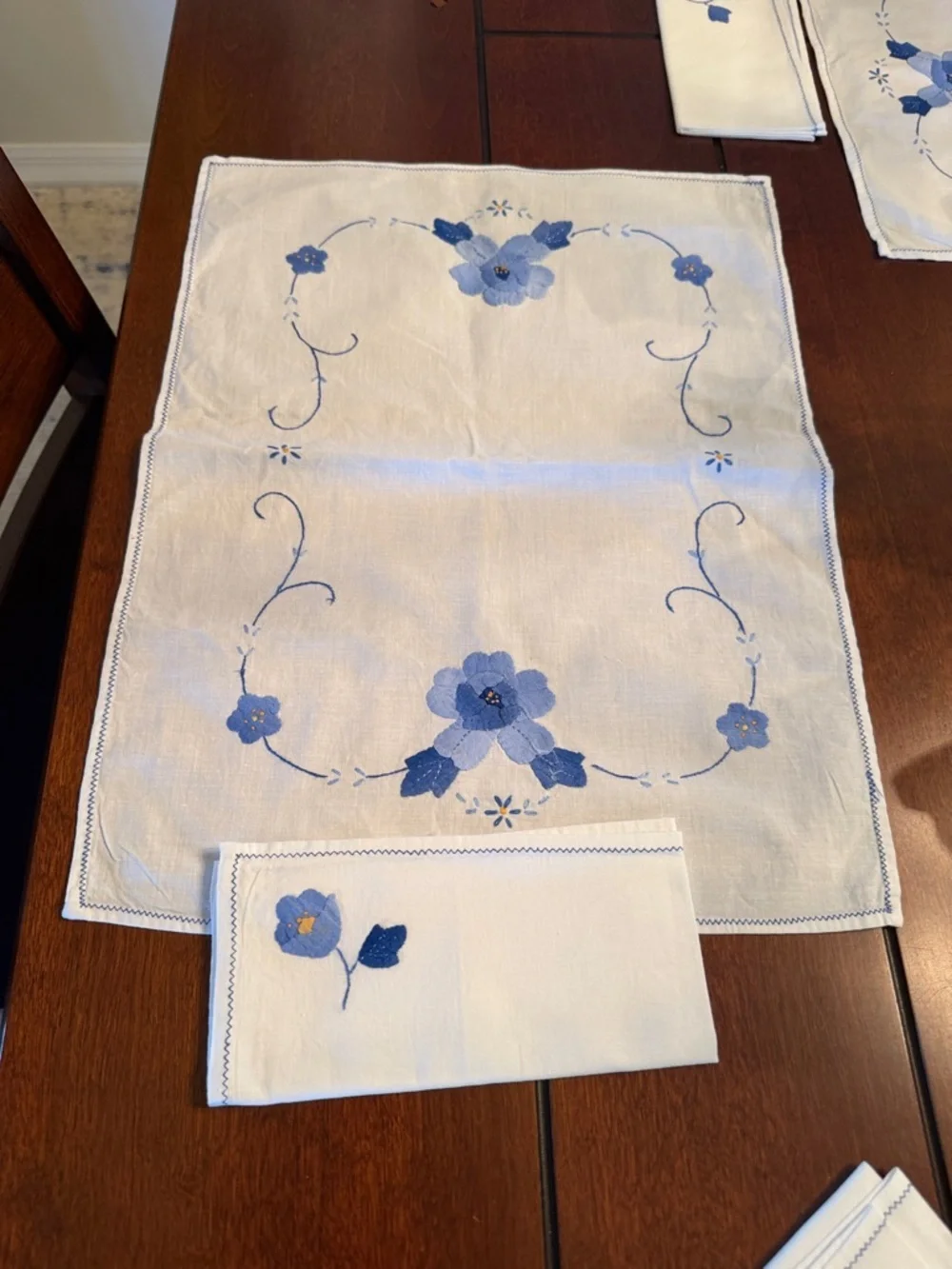 Three Blue Floral Embroidered Placemats and 4 Napkins - Home Dining
